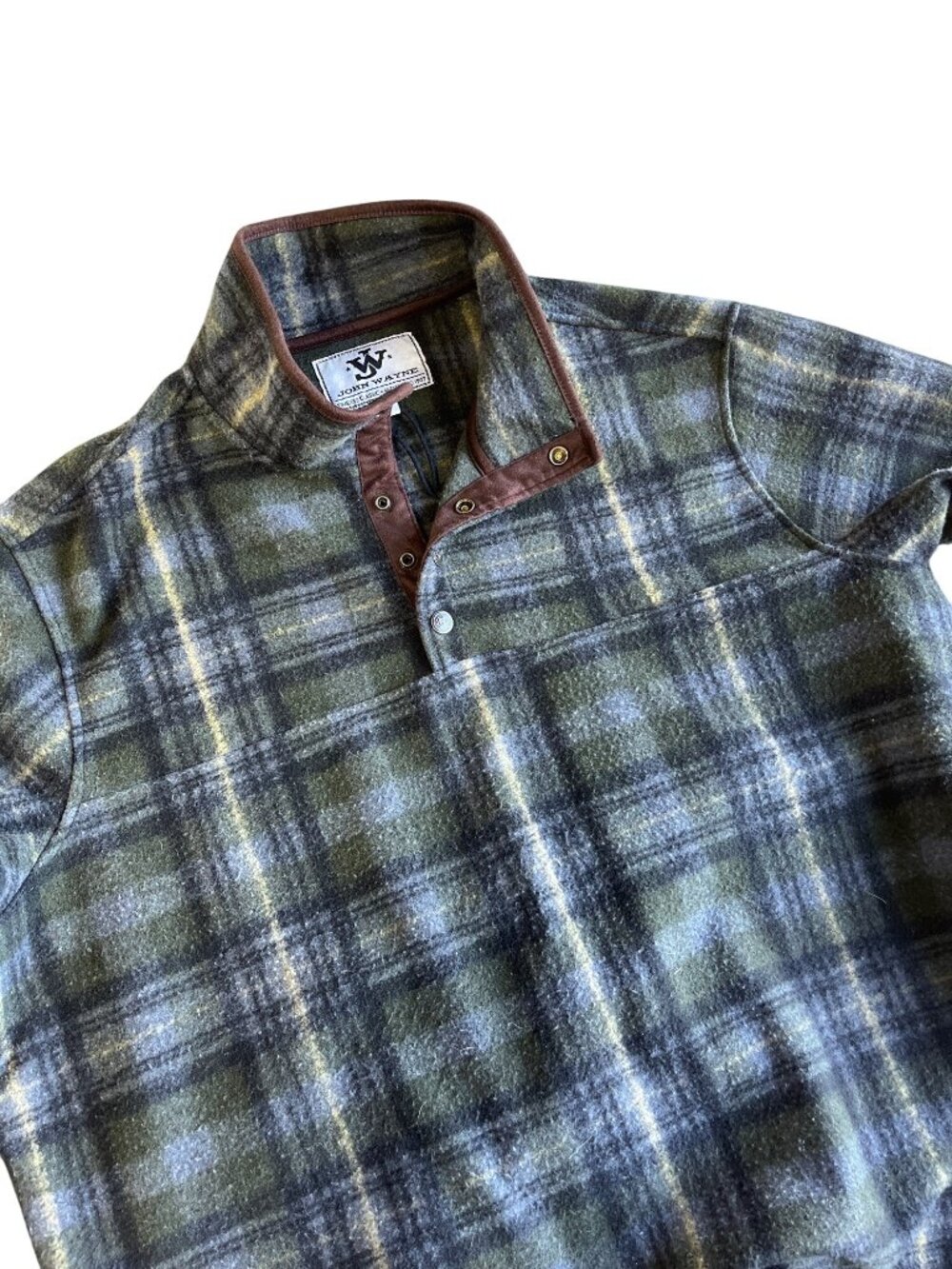 John Wayne 2XL Green & Gray Plaid Pullover Shirt With Leather Trim Wool Blend